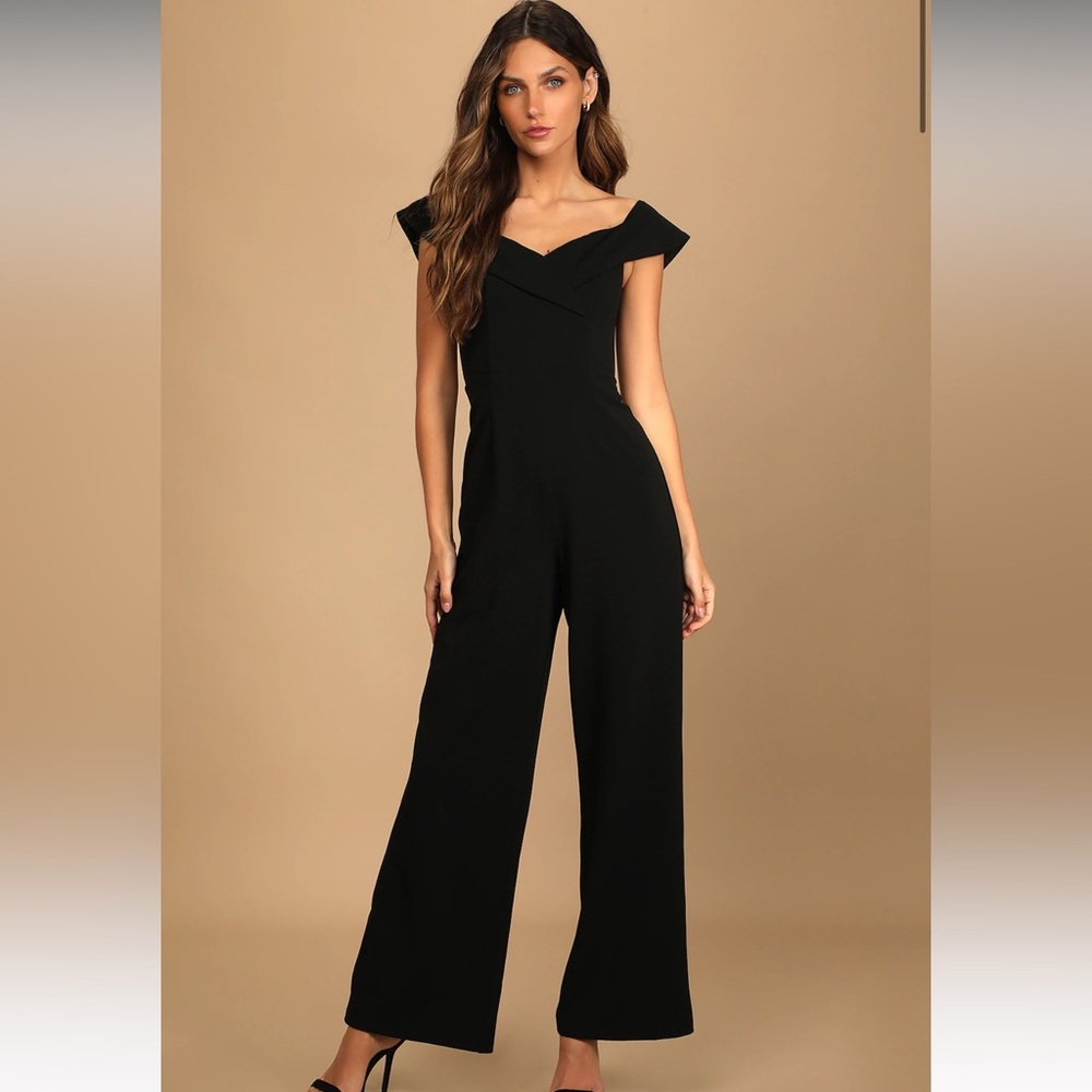 Lulus Love Me Tomorrow Black Off-the-Shoulder Wide-Leg Jumpsuit